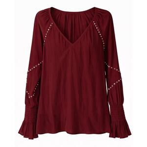Ramy Brook NY XS Burgundy Studded V-Neck Blouse Smocked Cuff Boho Top
